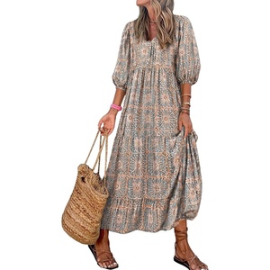 image:imageEXLURA Womens Summer Faux Linen Boho Maxi Dresses Oversized V Neck Half Sleeve Floral Flowy Casual Long Maternity Dress 2026Blue Orange Floral