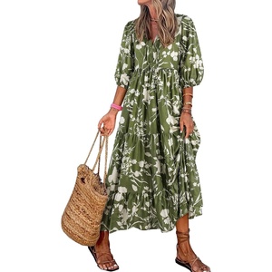 image:imageEXLURA Womens Summer Faux Linen Boho Maxi Dresses Oversized V Neck Half Sleeve Floral Flowy Casual Long Maternity Dress 2026Green Floral